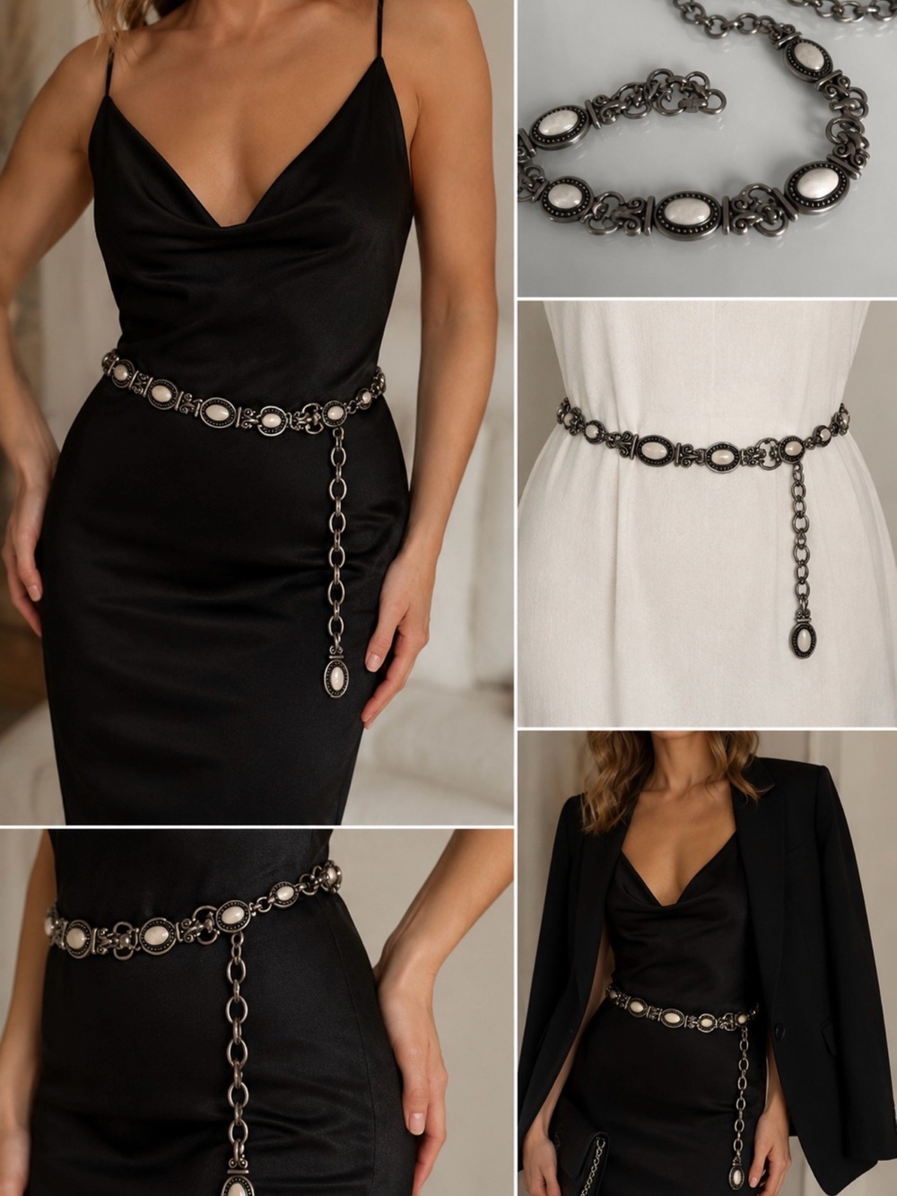 Vintage-Inspired Black and Silver Chain Belt - Women's Accessory